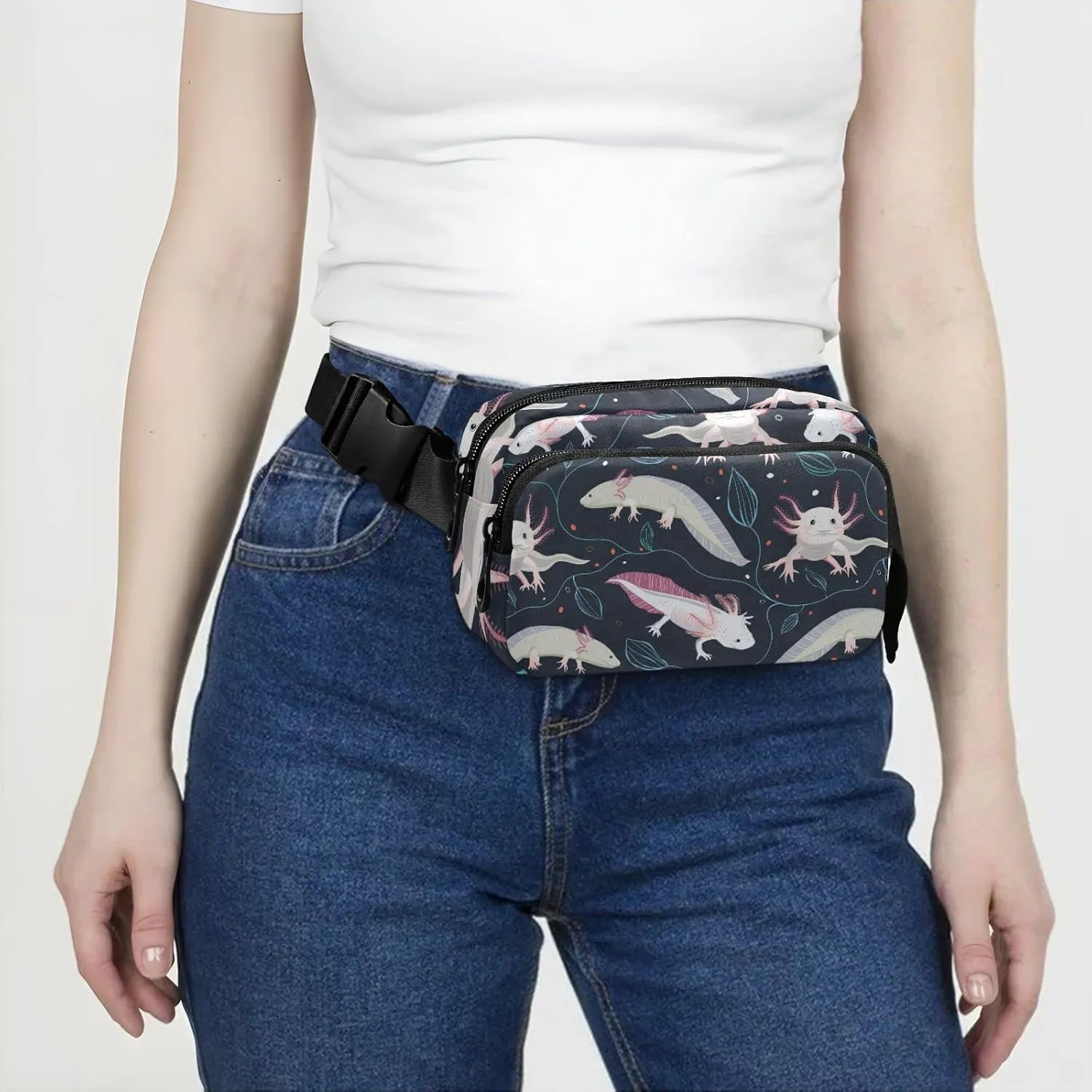Seamless Pink White Swimming Axolotls, Blue Algae Leaves on Dark Adjustable Belt Running Bag, Crossbody Fanny Pack Waist Runners Bag Tote for Women Men Sports Hiking Fitness Exercise Gym Pouch