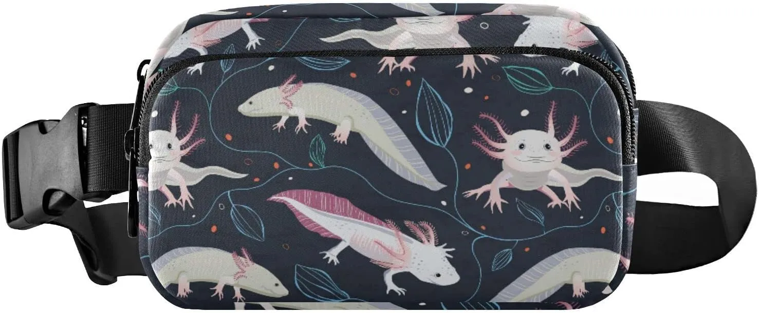 Seamless Pink White Swimming Axolotls, Blue Algae Leaves on Dark Adjustable Belt Running Bag, Crossbody Fanny Pack Waist Runners Bag Tote for Women Men Sports Hiking Fitness Exercise Gym Pouch