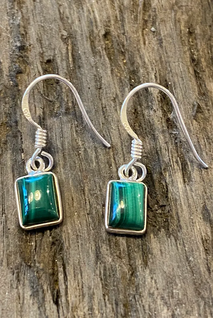 Solid Silver Malachite Oblong Drop Earrings
