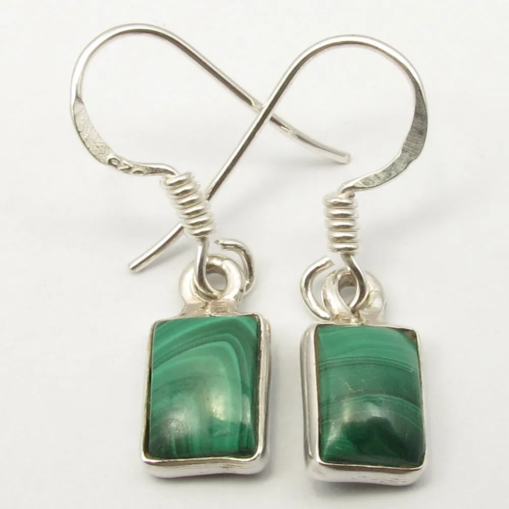 Solid Silver Malachite Oblong Drop Earrings