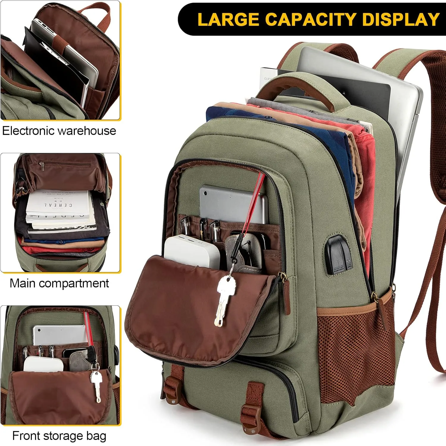 Tzowla Canvas Laptop Backpack, Bag for Men Women,Travel Work Rucksack Fits 17.3 Inch Laptop, Bookbag with USB Charging Port