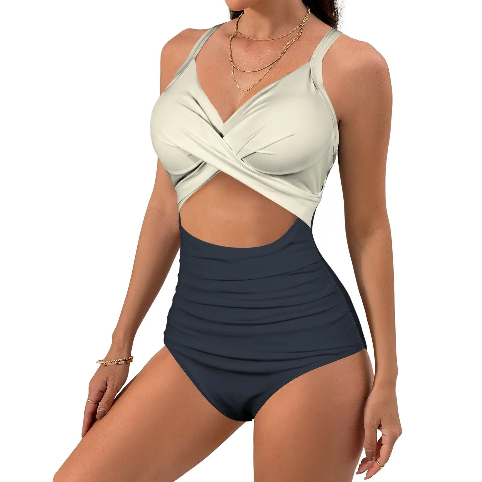 Vampire Art Chic Twist Front Tie Back Swimsuit - Navy and Cream