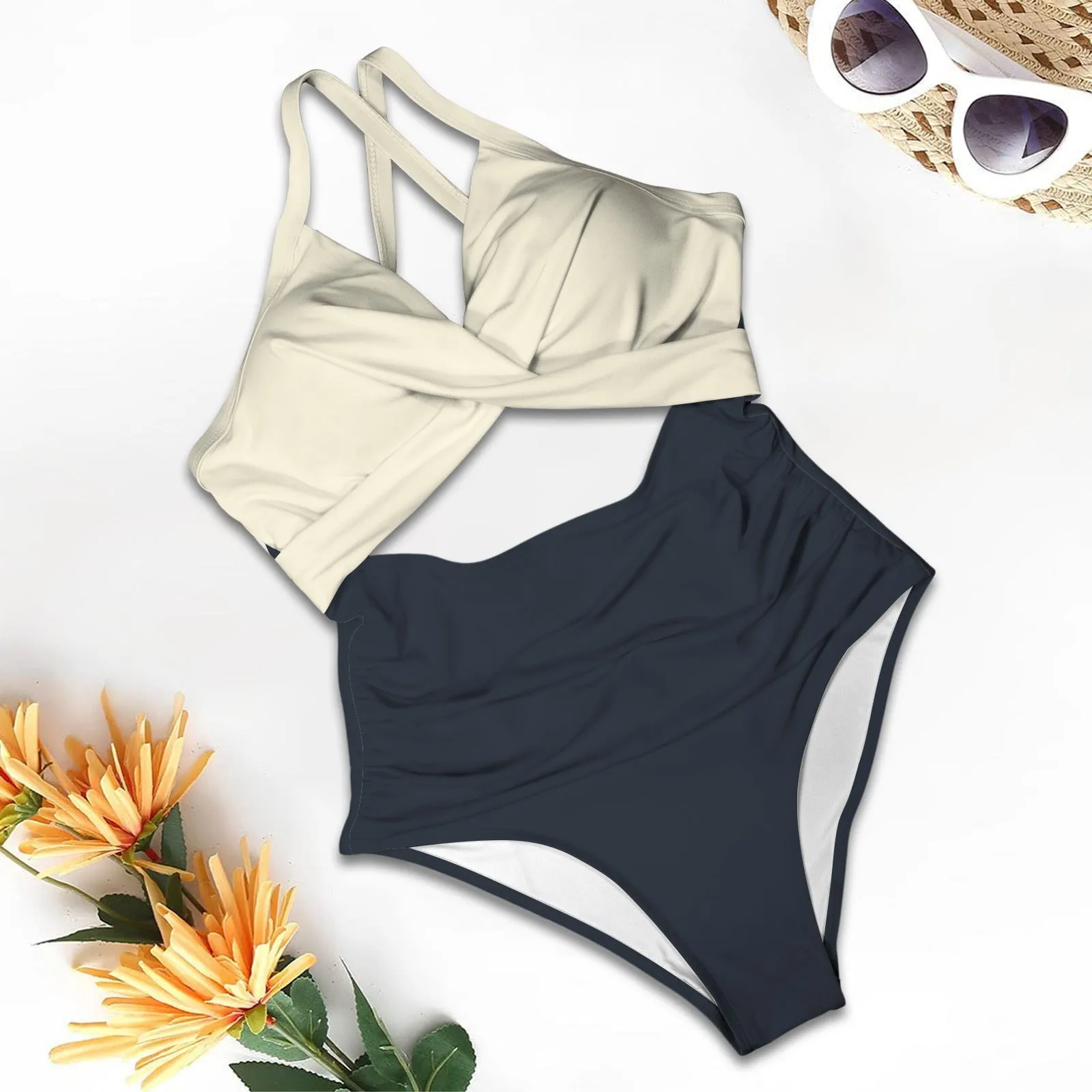 Vampire Art Chic Twist Front Tie Back Swimsuit - Navy and Cream