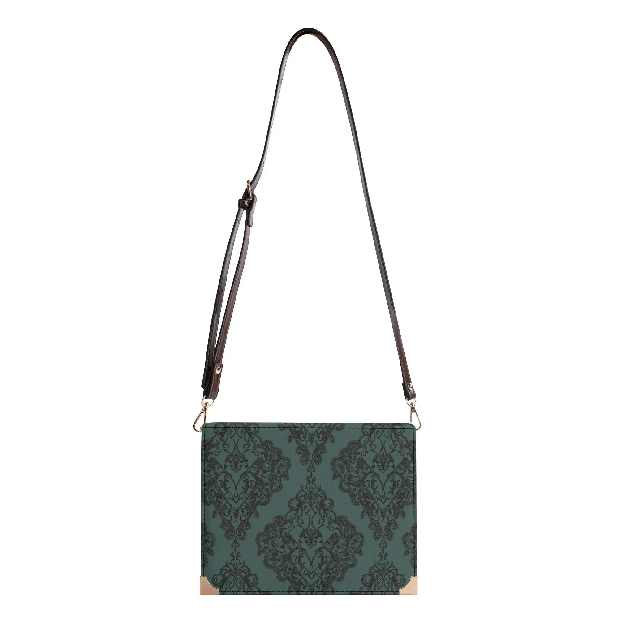 Vampire Art Dark Academia Book Cover Crossbody Bag - Goth Damask in Teal Green