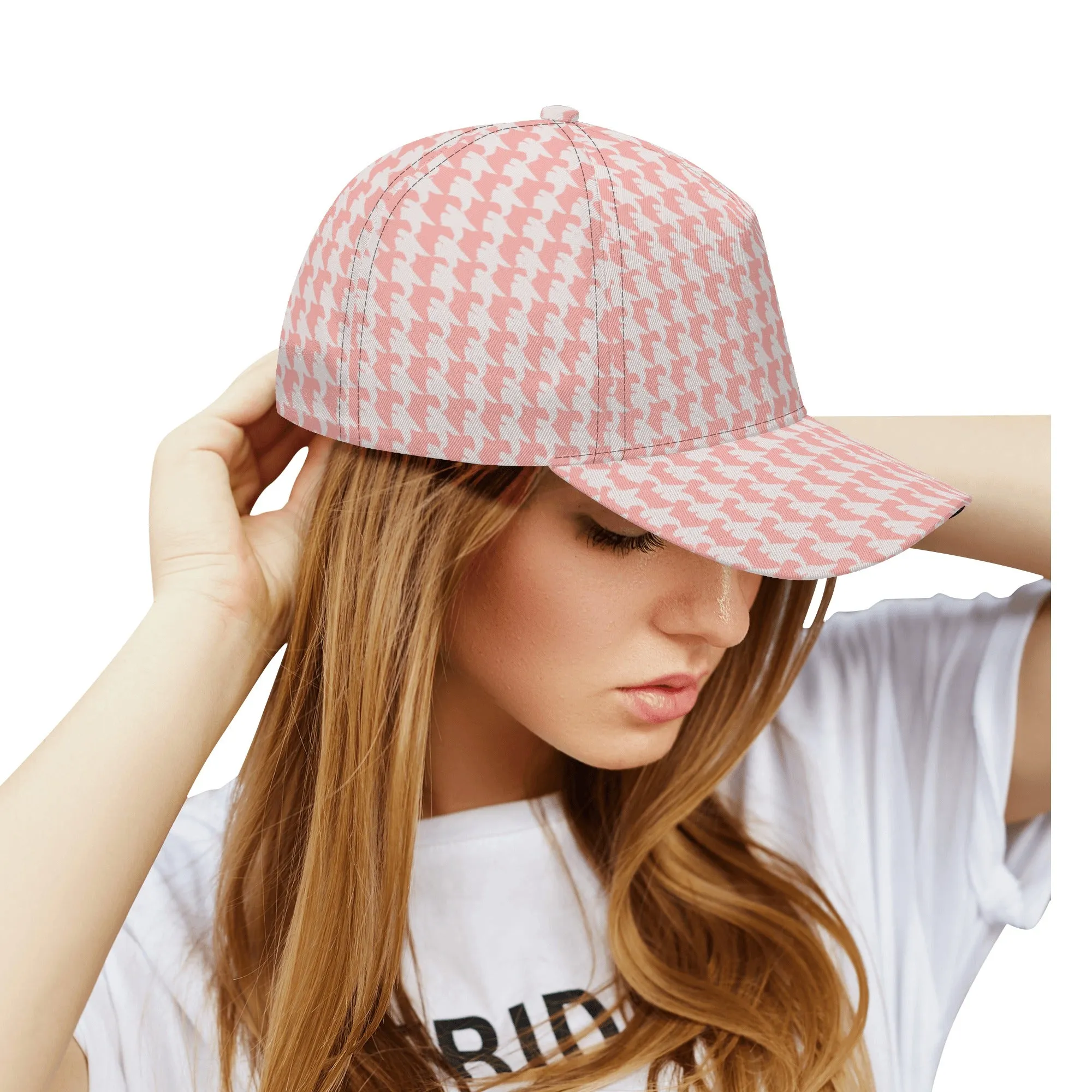Vampire Art Dark Academia Pink and White Houndstooth Vintage Windowpane Baseball Cap