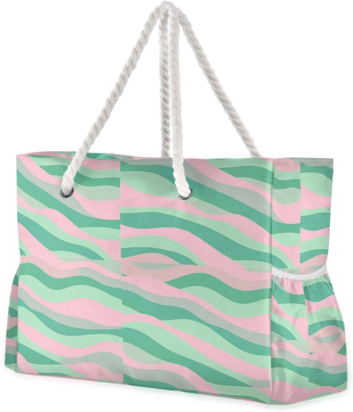 Wave Pattern Green Peach Duffel Bag Women Waterproof Sandproof with side pockets Large Beach Tote for Weekend Travel
