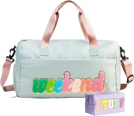 Weekender Bags for Women, Sleepover Overnight Bag with Shoe Compartment, Duffel Bag, Weekend Gym Bag, Hospital Personal Item, 2pcs Stuff Chenille Letter Preppy, Green, Pink