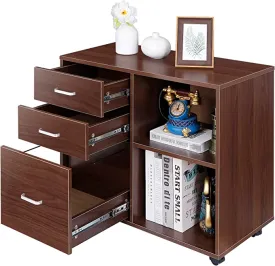 ZENY™ 3 Drawer Wood File Cabinet, Mobile Lateral Filing Cabinet,Rolling Printer Stand with Open Storage Shelves, Brown