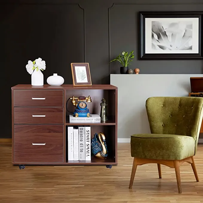 ZENY™ 3 Drawer Wood File Cabinet, Mobile Lateral Filing Cabinet,Rolling Printer Stand with Open Storage Shelves, Brown