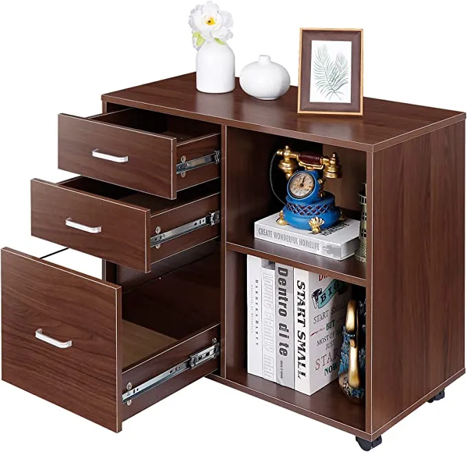 ZENY™ 3 Drawer Wood File Cabinet, Mobile Lateral Filing Cabinet,Rolling Printer Stand with Open Storage Shelves, Brown