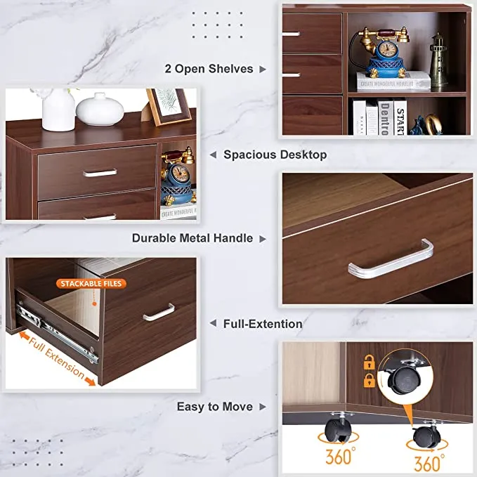 ZENY™ 3 Drawer Wood File Cabinet, Mobile Lateral Filing Cabinet,Rolling Printer Stand with Open Storage Shelves, Brown