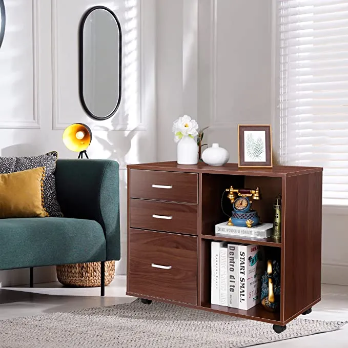 ZENY™ 3 Drawer Wood File Cabinet, Mobile Lateral Filing Cabinet,Rolling Printer Stand with Open Storage Shelves, Brown