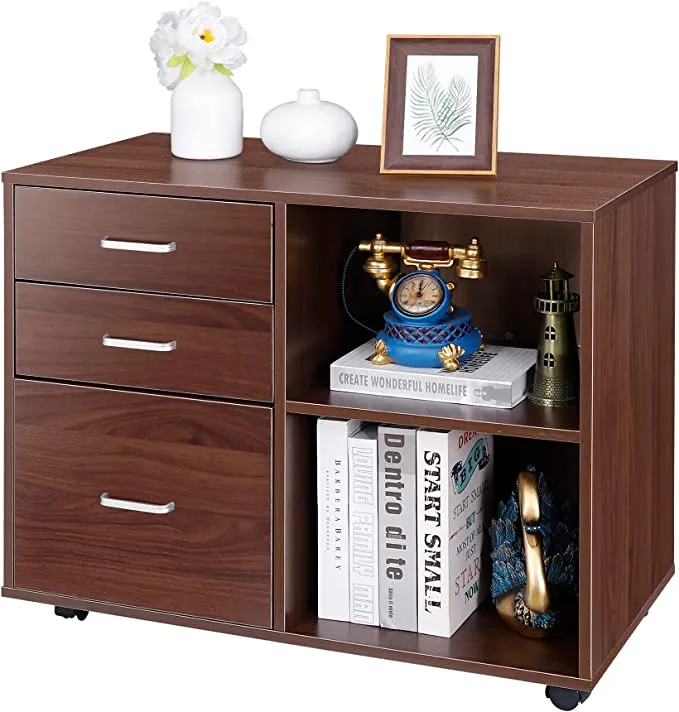 ZENY™ 3 Drawer Wood File Cabinet, Mobile Lateral Filing Cabinet,Rolling Printer Stand with Open Storage Shelves, Brown