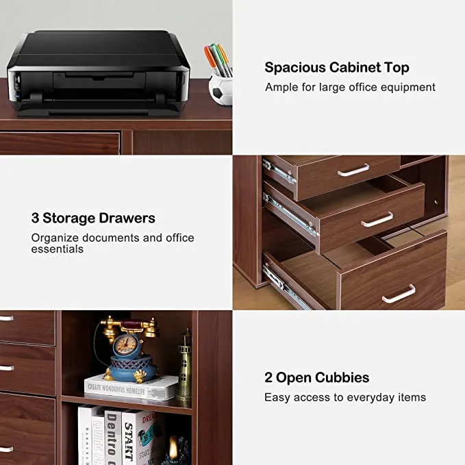 ZENY™ 3 Drawer Wood File Cabinet, Mobile Lateral Filing Cabinet,Rolling Printer Stand with Open Storage Shelves, Brown
