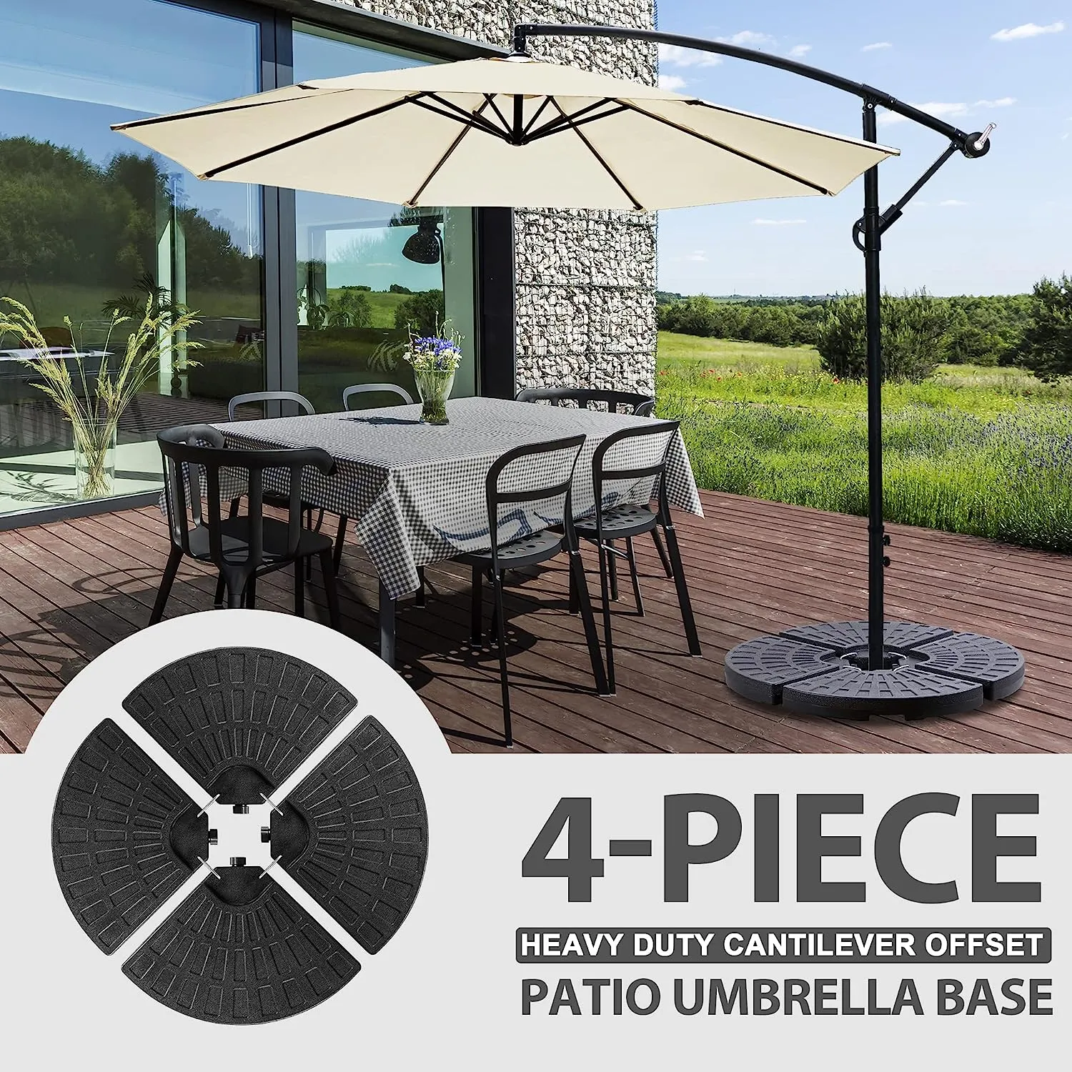 ZENY™ 4-Piece Cantilever Offset Patio Umbrella Base, Heavy Duty Water or Sand Filled Round Umbrella Stand with Carry Handles for Garden, Backyard and Poolside Black